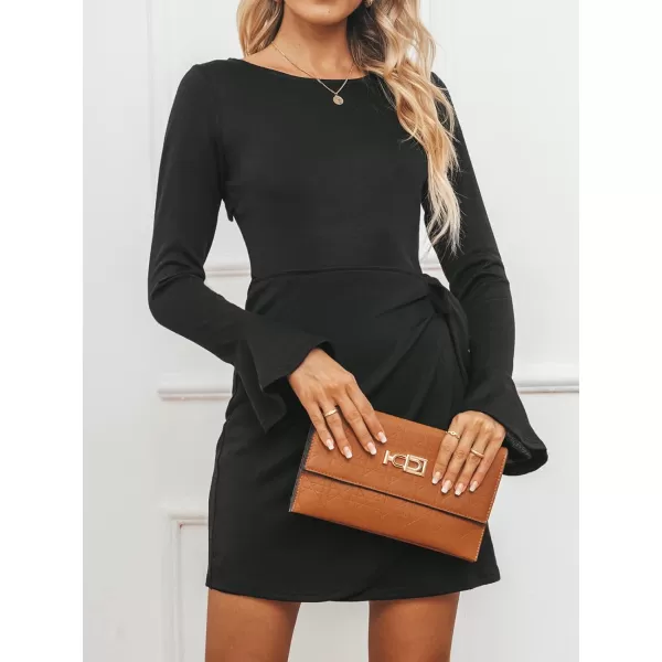 imageCUPSHE Womens Trumpet Sleeve SelfTie Mini Dress Elegant Round Neck Solid Wrap DressesBlack