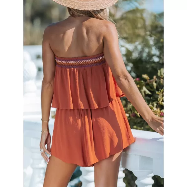 imageCUPSHE Womens Tube Rompers Sleevelss Flounce Woven Mini Jumpsuits Wide Leg Overall Outfit Casual BeachBrick Red