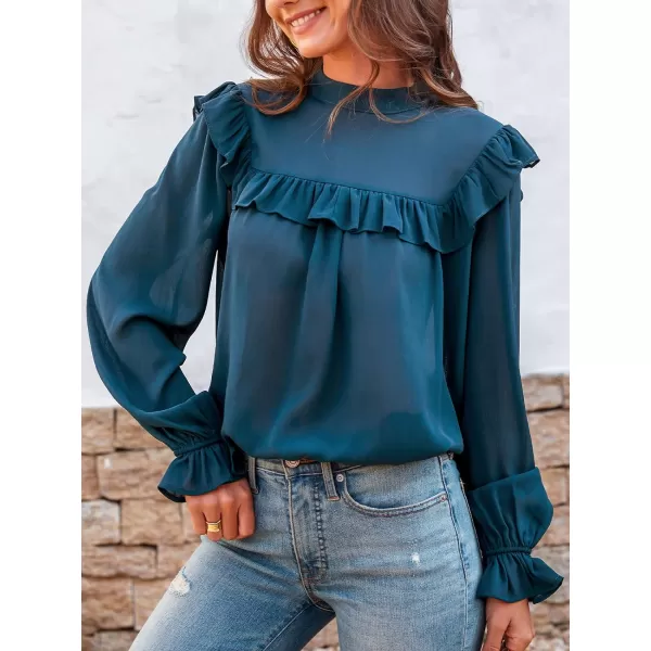 imageCUPSHE Womens Turtleneck Ruffle Pullover Top Solid Long Sleeve Chiffion Flounce Casual Blouse CyanCyan