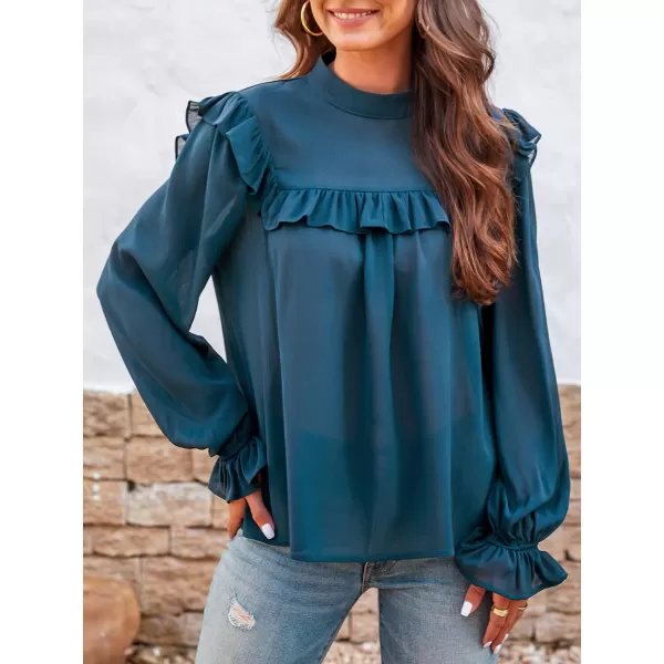 imageCUPSHE Womens Turtleneck Ruffle Pullover Top Solid Long Sleeve Chiffion Flounce Casual Blouse CyanCyan