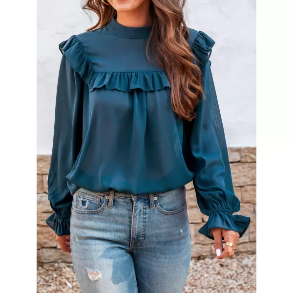 imageCUPSHE Womens Turtleneck Ruffle Pullover Top Solid Long Sleeve Chiffion Flounce Casual Blouse CyanCyan