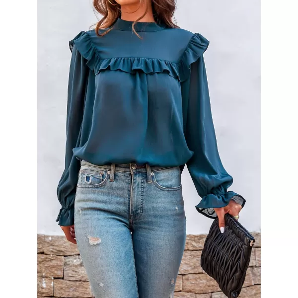 imageCUPSHE Womens Turtleneck Ruffle Pullover Top Solid Long Sleeve Chiffion Flounce Casual Blouse CyanCyan