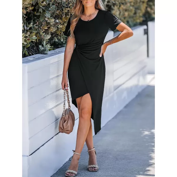 imageCUPSHE Womens Twisted Wrap Mini Dress Short Sleeves Dresses Round Neck Dressing CasualBlack