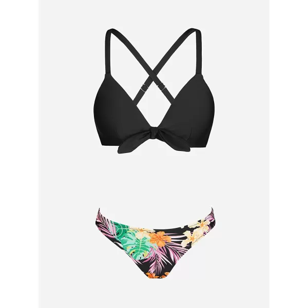 imageCUPSHE Womens Two Piece Bikini Set Floral Print Knot Bunny TieBlack