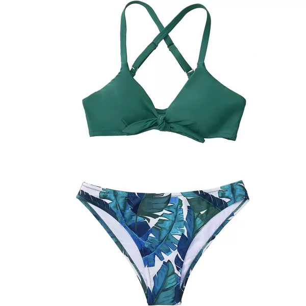 imageCUPSHE Womens Two Piece Bikini Set Floral Print Knot Bunny TieDark Green