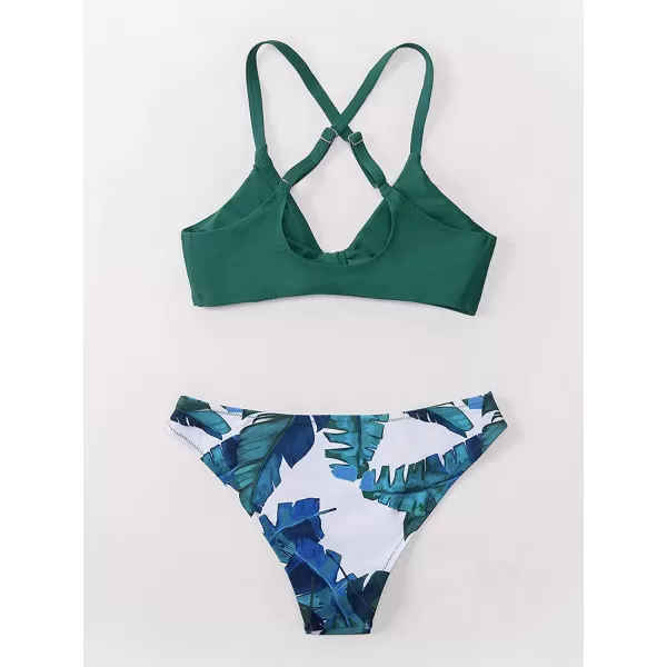 imageCUPSHE Womens Two Piece Bikini Set Floral Print Knot Bunny TieDark Green