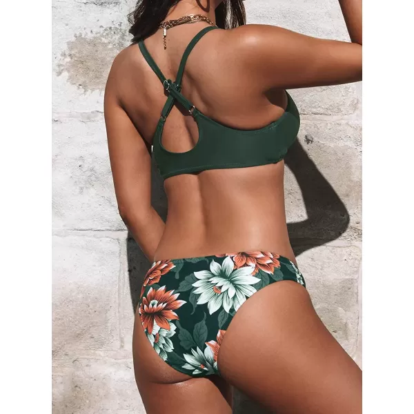 imageCUPSHE Womens Two Piece Bikini Set Floral Print Knot Bunny TieDark Green Floral