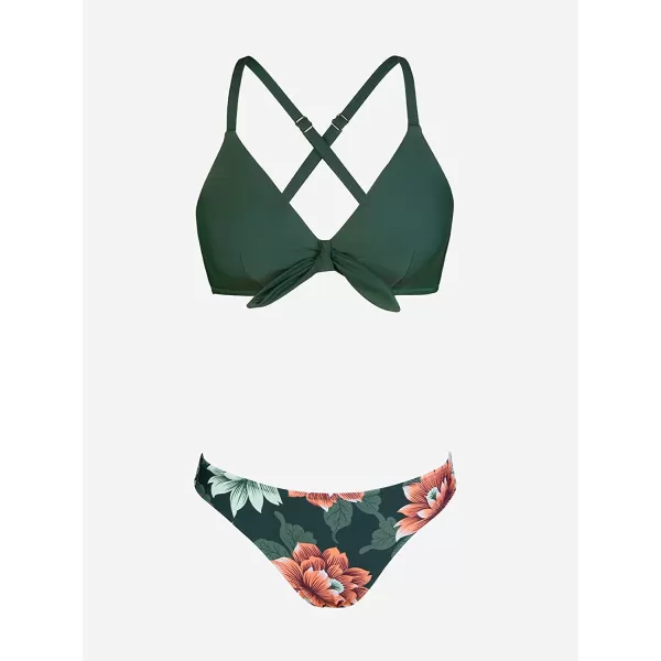 imageCUPSHE Womens Two Piece Bikini Set Floral Print Knot Bunny TieDark Green Floral