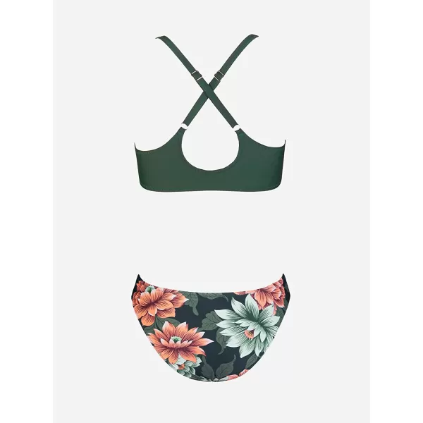 imageCUPSHE Womens Two Piece Bikini Set Floral Print Knot Bunny TieDark Green Floral