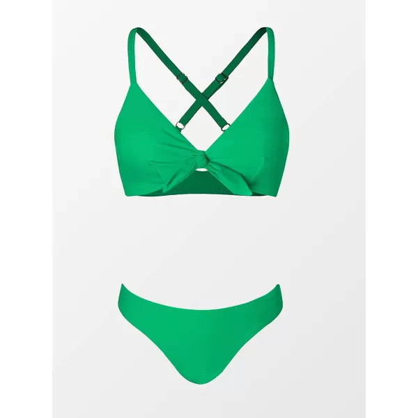 imageCUPSHE Womens Two Piece Bikini Set Floral Print Knot Bunny TieGrass Green