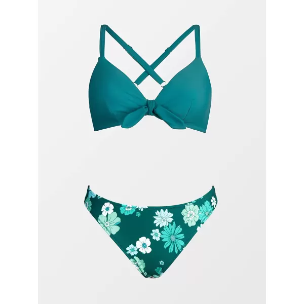 imageCUPSHE Womens Two Piece Bikini Set Floral Print Knot Bunny TieGreen Floral Print