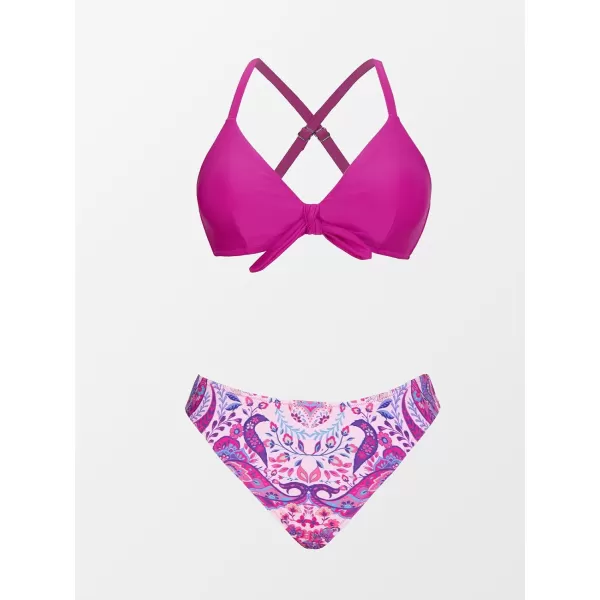 imageCUPSHE Womens Two Piece Bikini Set Floral Print Knot Bunny TieMagenta Paisley