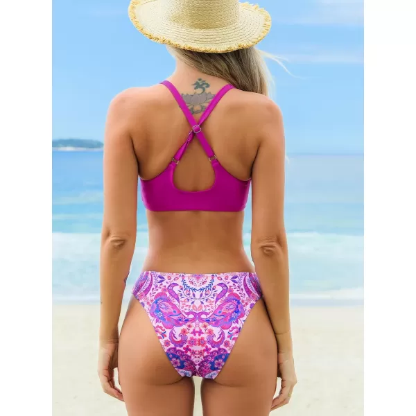 imageCUPSHE Womens Two Piece Bikini Set Floral Print Knot Bunny TieMagenta Paisley