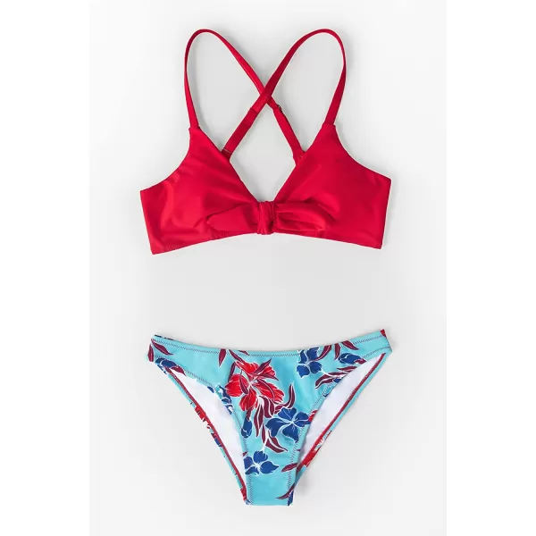 imageCUPSHE Womens Two Piece Bikini Set Floral Print Knot Bunny TieMulticolor