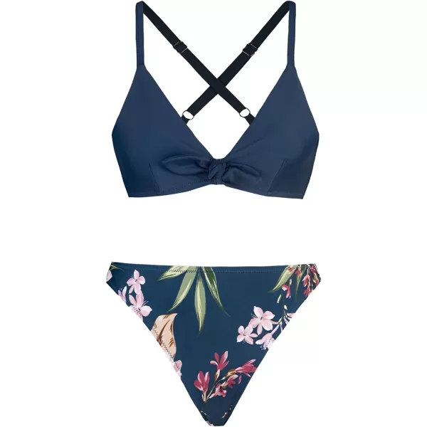 imageCUPSHE Womens Two Piece Bikini Set Floral Print Knot Bunny TieNavy Floral Print