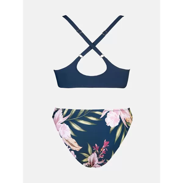 imageCUPSHE Womens Two Piece Bikini Set Floral Print Knot Bunny TieNavy Floral Print