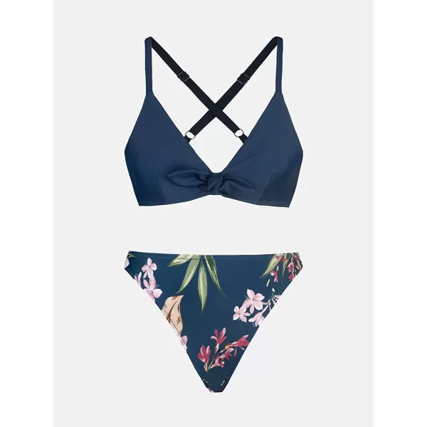 imageCUPSHE Womens Two Piece Bikini Set Floral Print Knot Bunny TieNavy Floral Print