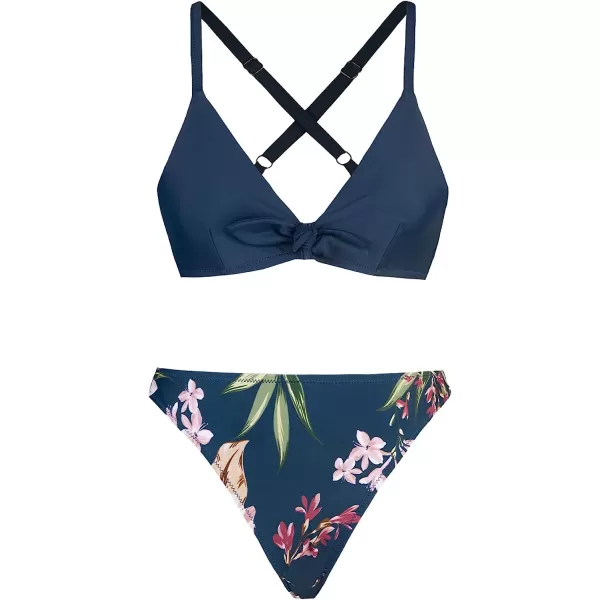 imageCUPSHE Womens Two Piece Bikini Set Floral Print Knot Bunny TieNavy Floral Print