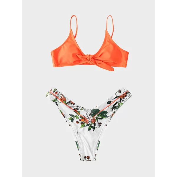 imageCUPSHE Womens Two Piece Bikini Set Floral Print Knot Bunny TieOrangeFloral