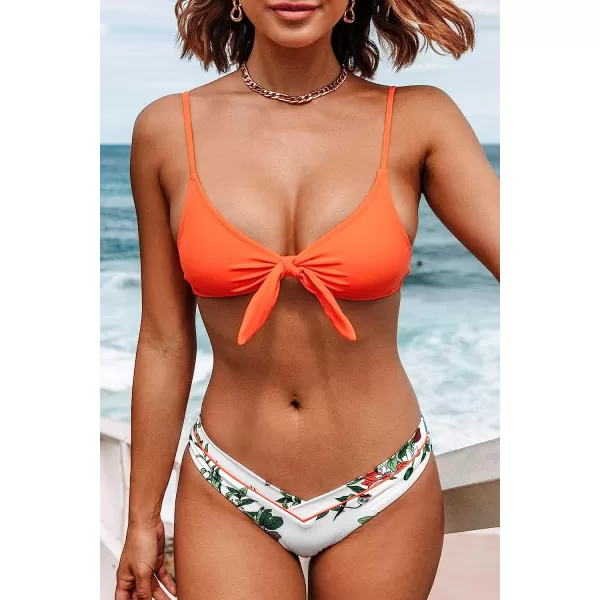 imageCUPSHE Womens Two Piece Bikini Set Floral Print Knot Bunny TieOrangeFloral