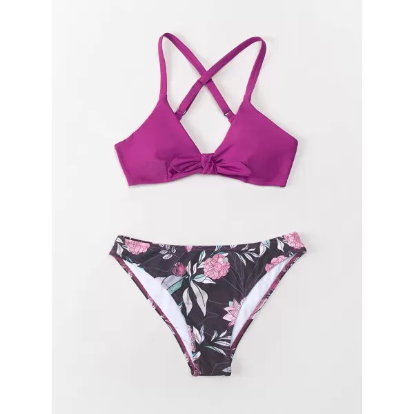 imageCUPSHE Womens Two Piece Bikini Set Floral Print Knot Bunny TiePurple
