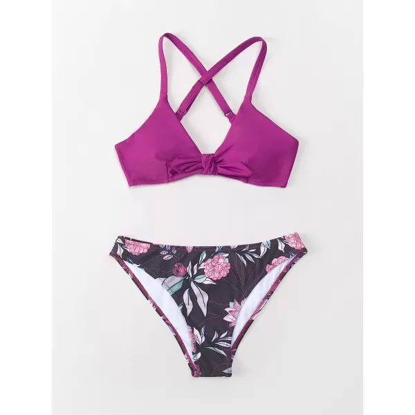 imageCUPSHE Womens Two Piece Bikini Set Floral Print Knot Bunny TiePurple