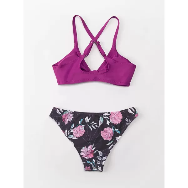 imageCUPSHE Womens Two Piece Bikini Set Floral Print Knot Bunny TiePurple