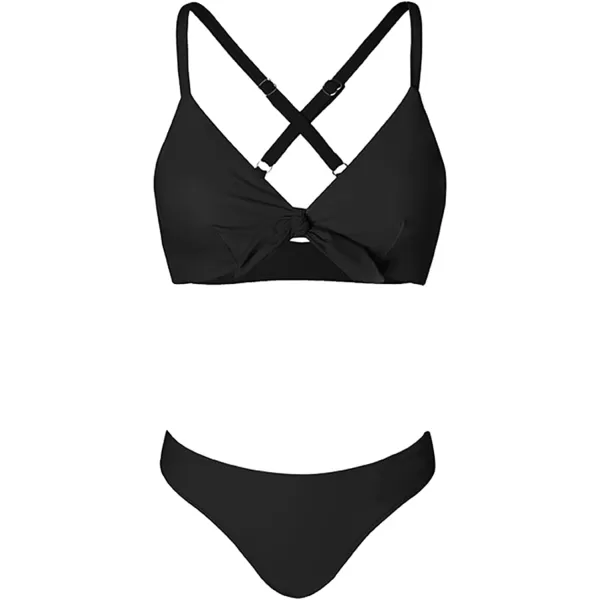 imageCUPSHE Womens Two Piece Bikini Set Floral Print Knot Bunny TieSolid Black