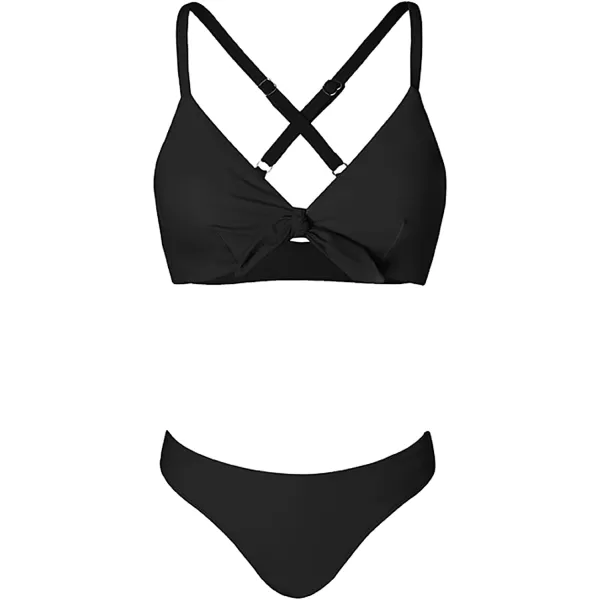 imageCUPSHE Womens Two Piece Bikini Set Floral Print Knot Bunny TieSolid Black