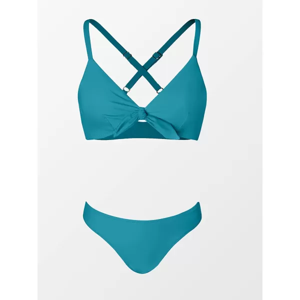 imageCUPSHE Womens Two Piece Bikini Set Floral Print Knot Bunny TieTeal Blue