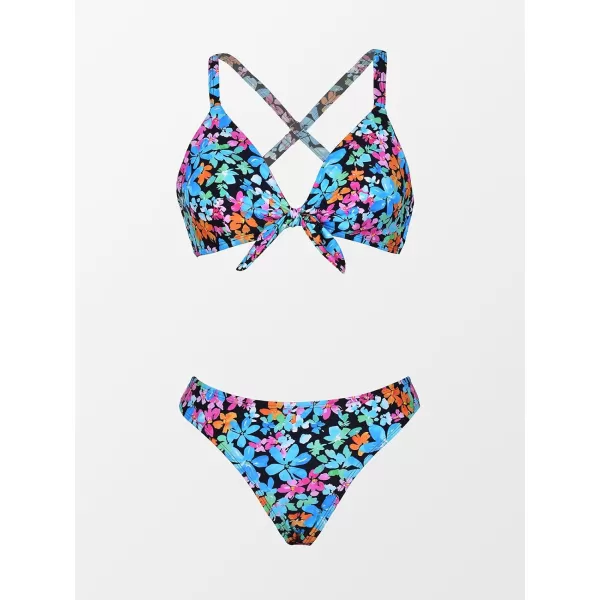 imageCUPSHE Womens Two Piece Bikini Set Floral Print Knot Bunny TieVibrant Floral Print