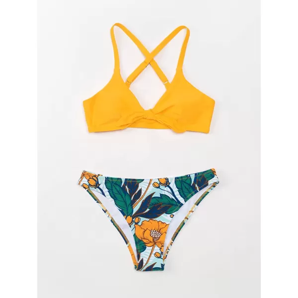 imageCUPSHE Womens Two Piece Bikini Set Floral Print Knot Bunny TieYellow