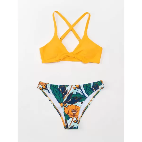 imageCUPSHE Womens Two Piece Bikini Set Floral Print Knot Bunny TieYellow