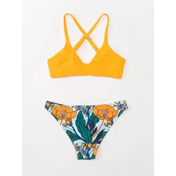 imageCUPSHE Womens Two Piece Bikini Set Floral Print Knot Bunny TieYellow