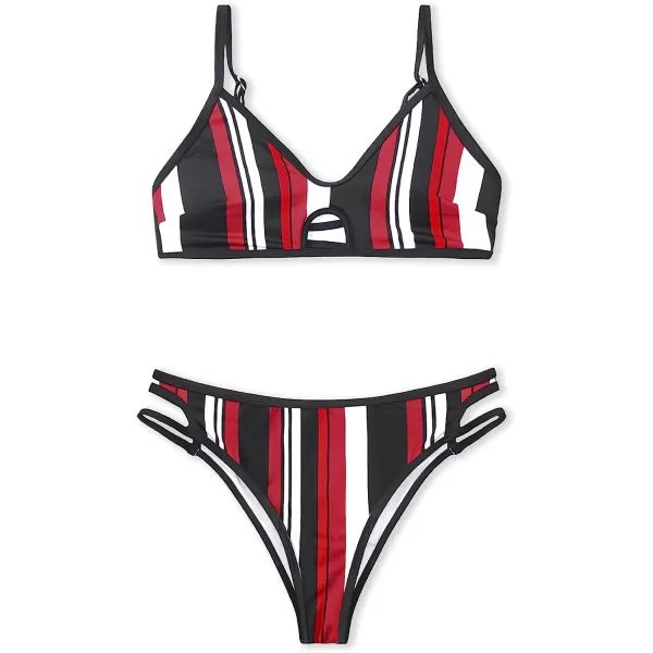 imageCUPSHE Womens Two Piece Cutout V Neck Striped Bikini SetRed