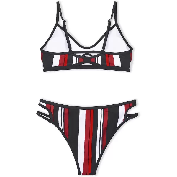 imageCUPSHE Womens Two Piece Cutout V Neck Striped Bikini SetRed