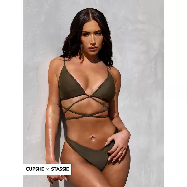 imageCUPSHE Womens Two Piece Deep V Neck Self Tie Cheeky Bikini SetBrown