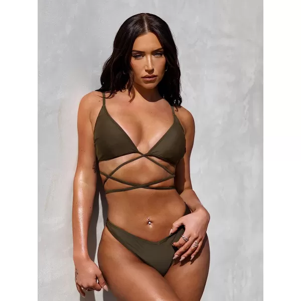 imageCUPSHE Womens Two Piece Deep V Neck Self Tie Cheeky Bikini SetBrown
