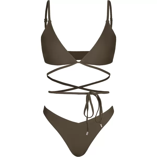 imageCUPSHE Womens Two Piece Deep V Neck Self Tie Cheeky Bikini SetBrown