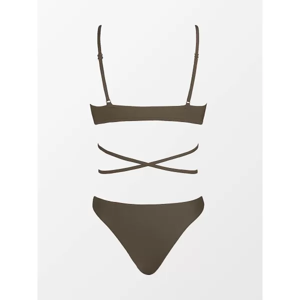 imageCUPSHE Womens Two Piece Deep V Neck Self Tie Cheeky Bikini SetBrown