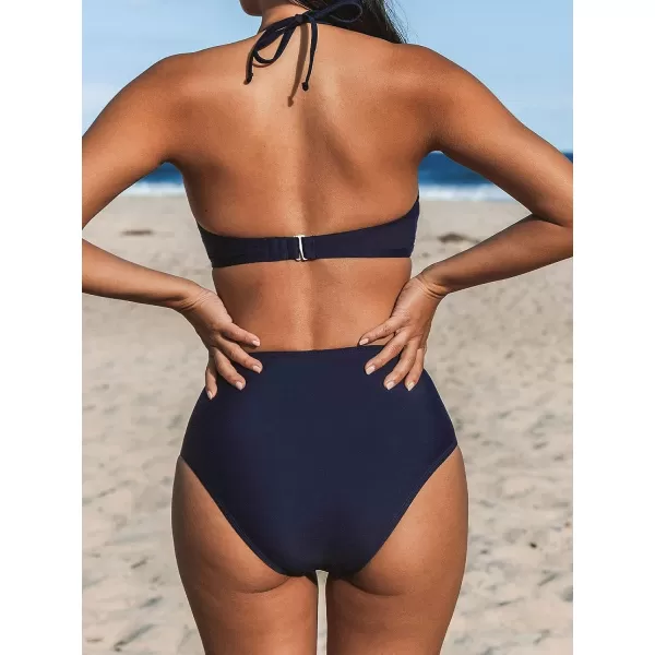 imageCUPSHE Womens Two Piece Halter Backless V Neck Wrap Bikini SetDark Blue