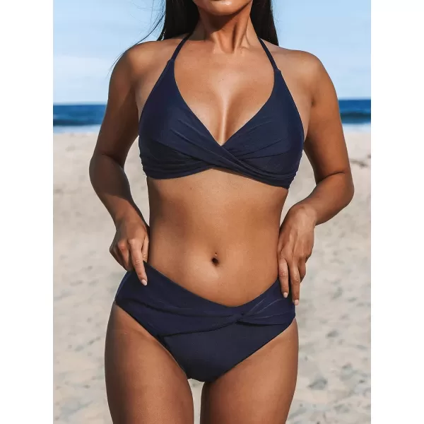 imageCUPSHE Womens Two Piece Halter Backless V Neck Wrap Bikini SetDark Blue