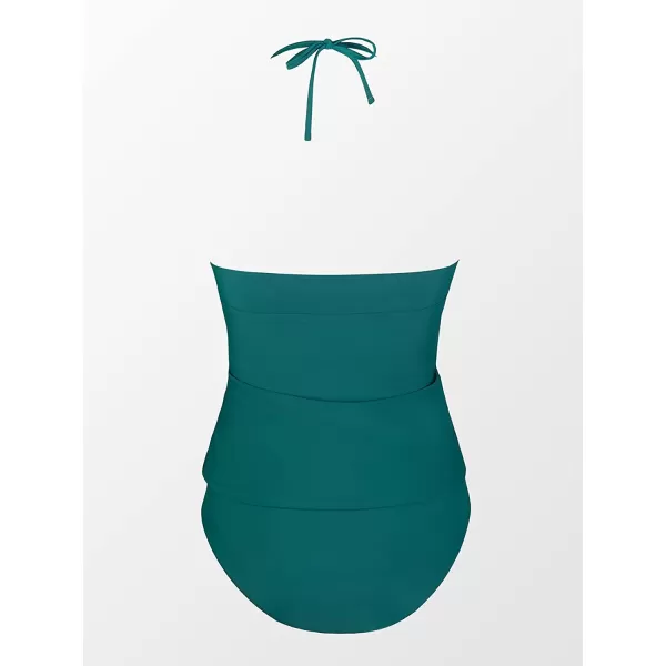 imageCUPSHE Womens Two Piece Halter Ruched Cut Out Low Back Tankini SetPine Green