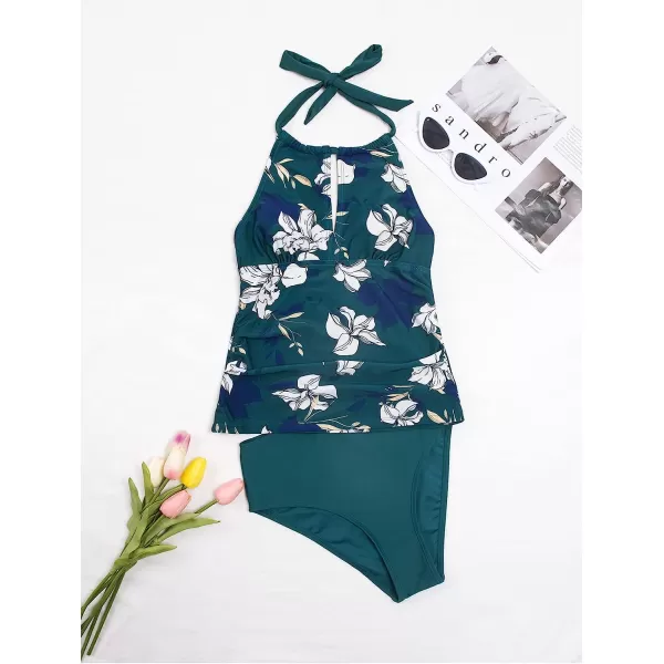 imageCUPSHE Womens Two Piece Halter Ruched Cut Out Low Back Tankini SetTeal