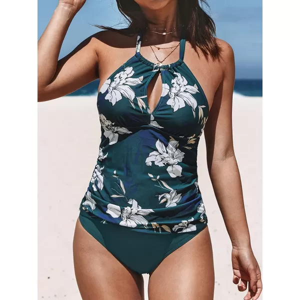 imageCUPSHE Womens Two Piece Halter Ruched Cut Out Low Back Tankini SetTeal