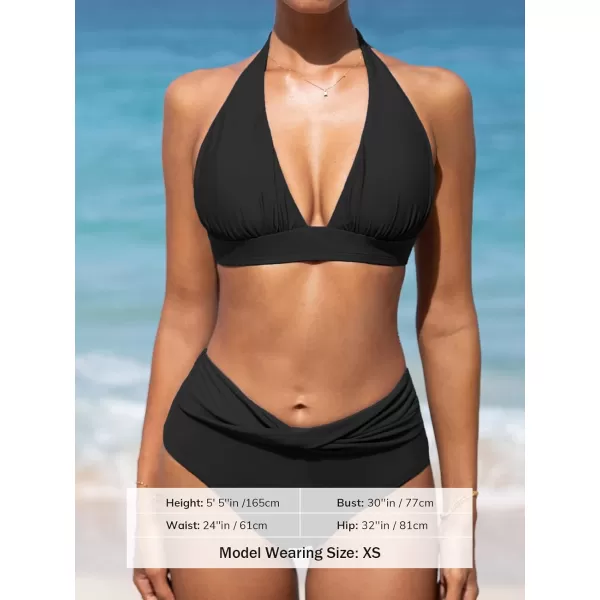 imageCUPSHE Womens Two Piece Halter V Neck Ruched Bikini SetBlack