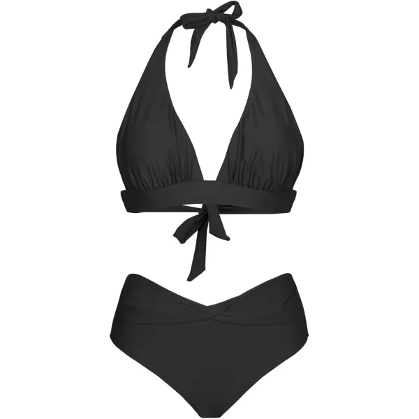 imageCUPSHE Womens Two Piece Halter V Neck Ruched Bikini SetBlack