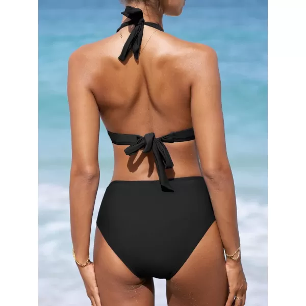 imageCUPSHE Womens Two Piece Halter V Neck Ruched Bikini SetBlack