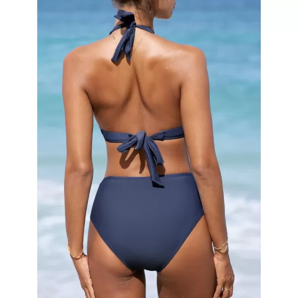 imageCUPSHE Womens Two Piece Halter V Neck Ruched Bikini SetNavy Blue