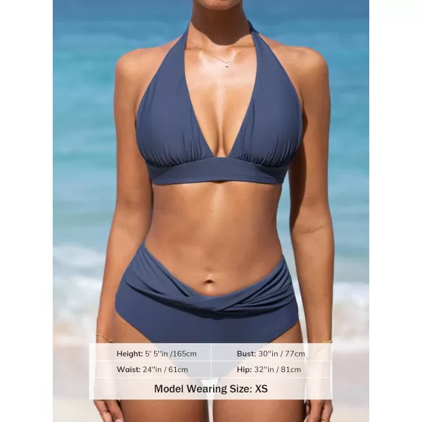 imageCUPSHE Womens Two Piece Halter V Neck Ruched Bikini SetNavy Blue